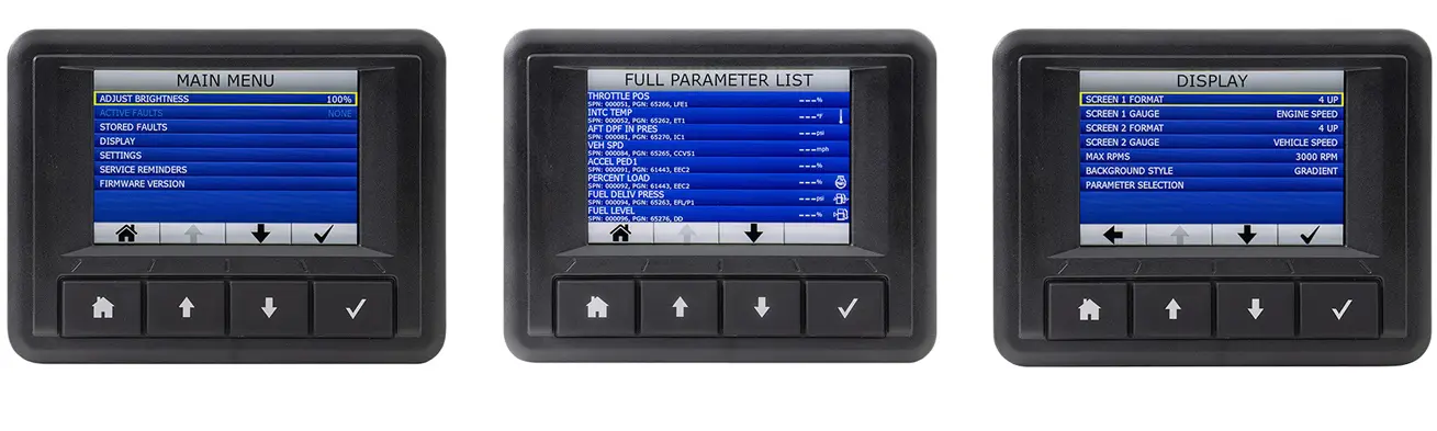 Three different EngineView 35 configuration screens, main menu, display, and parameters selections