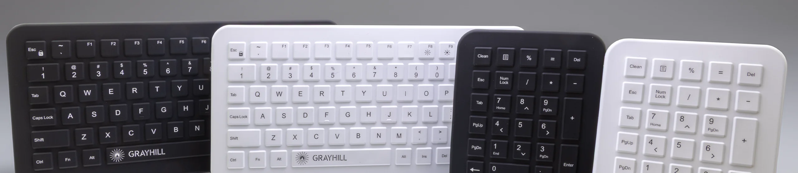 Array of Grayhill CliniKey QWERTY Medical Keyboards and 10-Key Number Pads