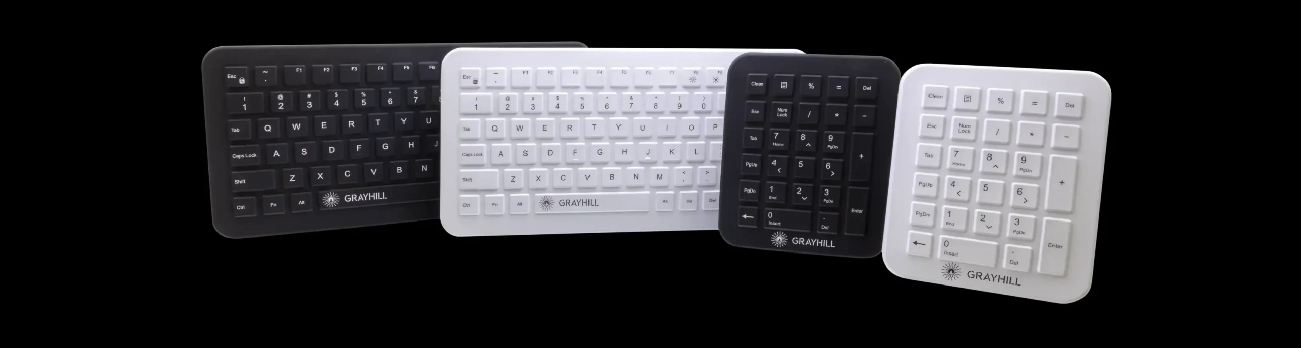 Array of Grayhill CliniKey QWERTY Medical Keyboards and 10-Key Number Pads