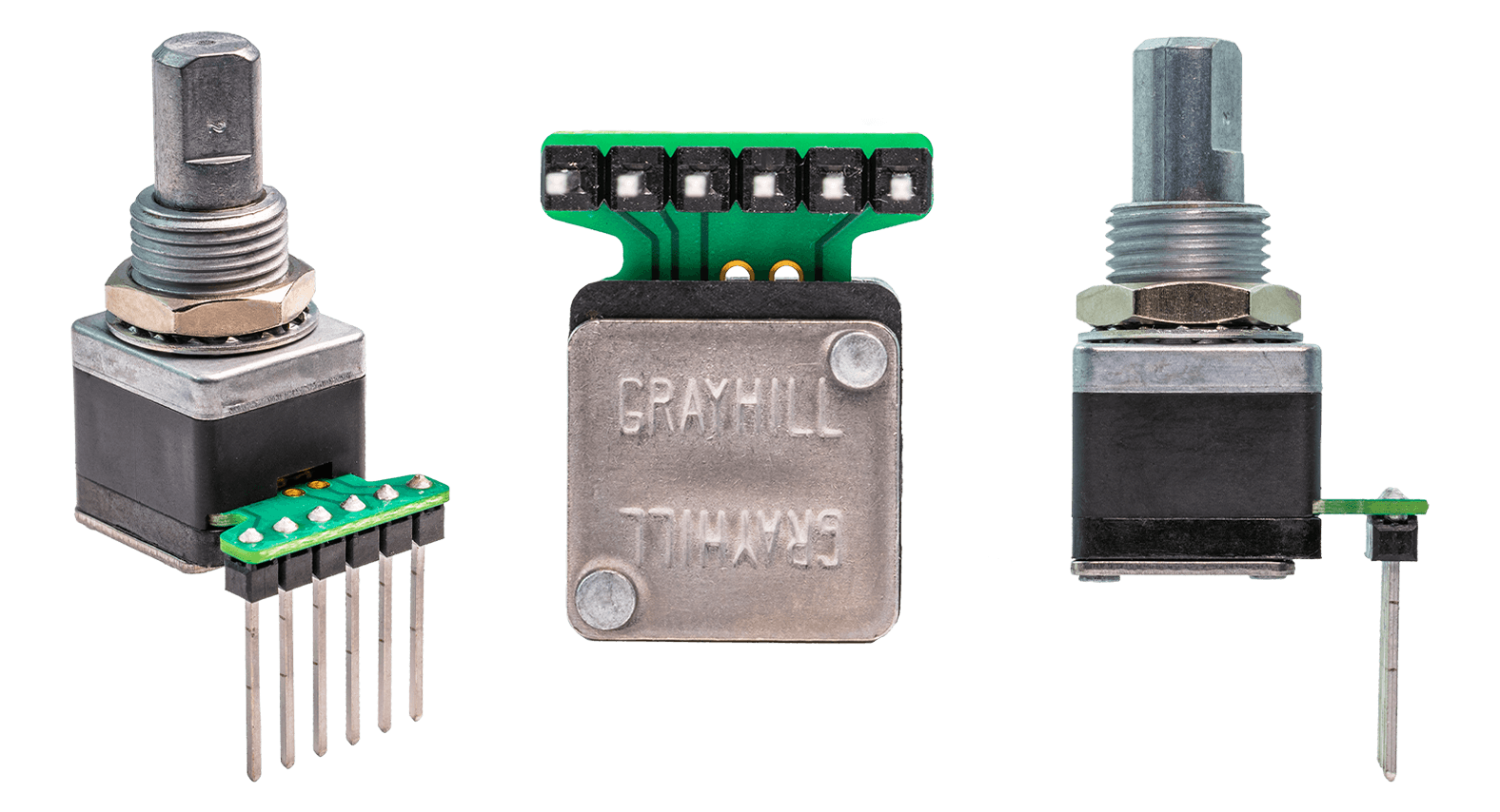 Three views of a Grayhill rotary encoder against a black background, showing different angles and pin configurations.